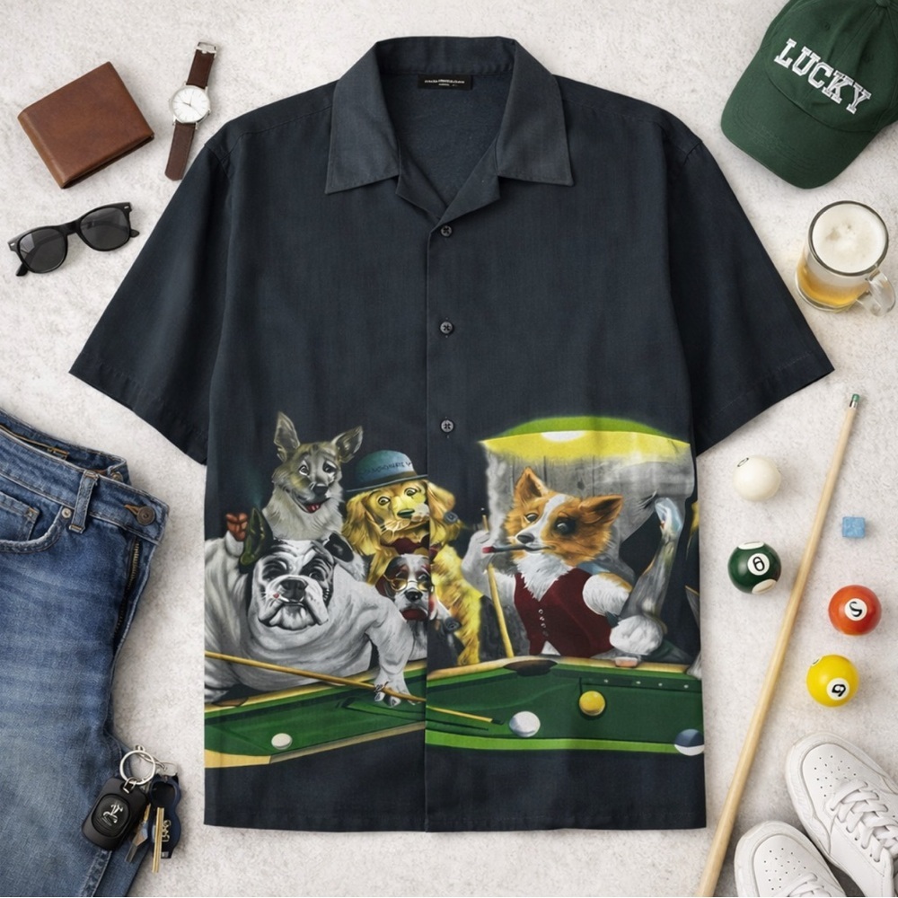 Vintage 1990s Dragonfly dogs playing billiards pool AOP all over print XL Y2K